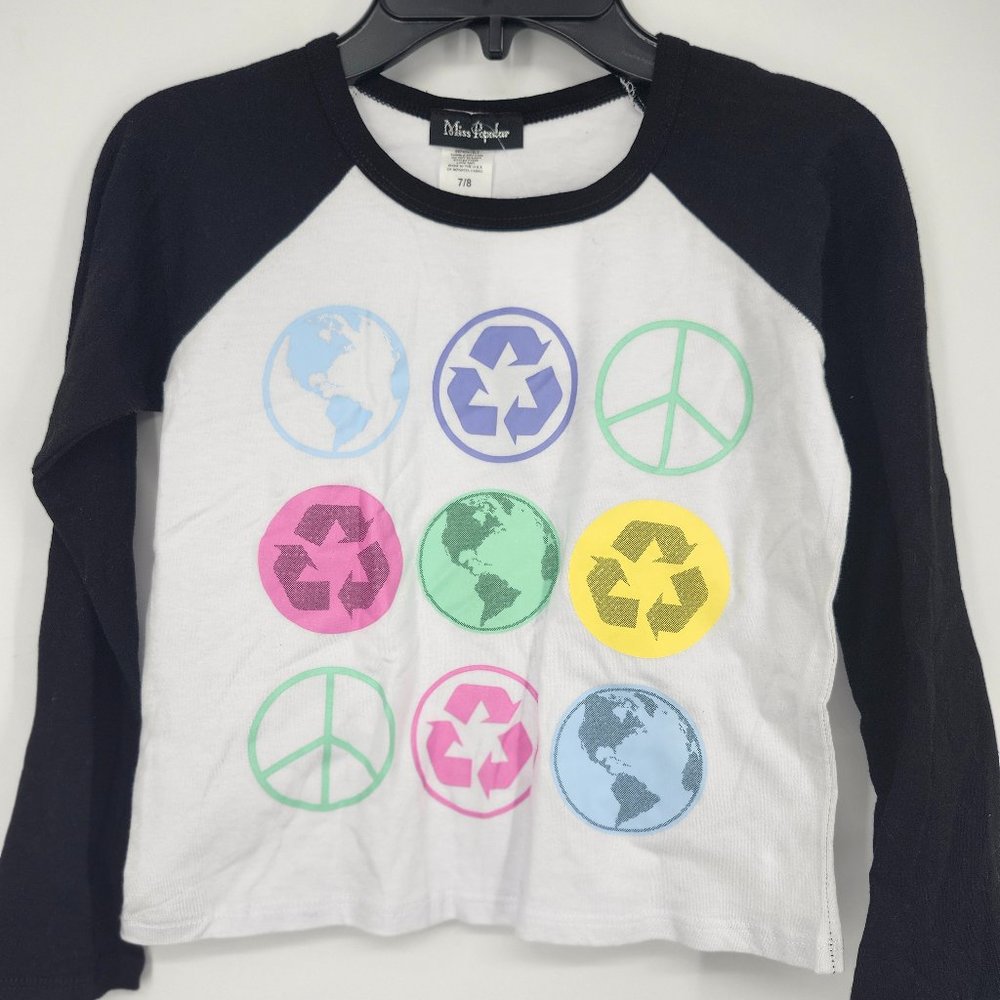 Miss Popular Kids' "Earth, Recycled & Peace" Printed Tee Black White 7/8 NWT